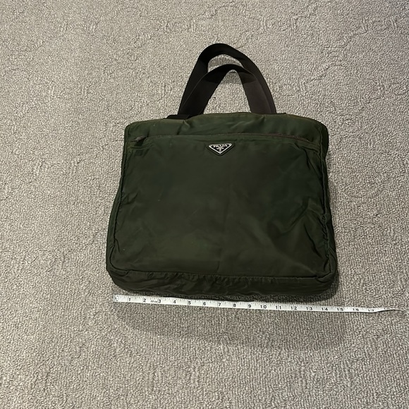 Authentic Prada Zippered Tote 12 X 14 In Dark Green & Dark Brown Straps - Picture 7 of 13